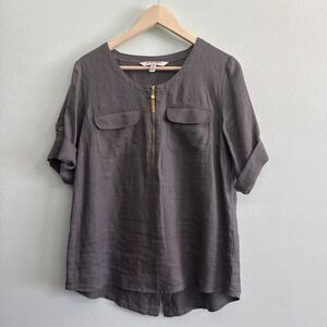 Ellen Tracy Gray 100% Linen Top Relaxed Tunic Shirt Roll Tab Sleeves Zipper Med